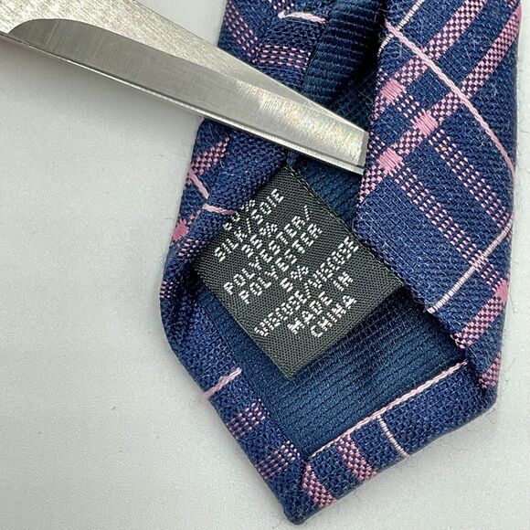 Michael Kors Plaid Necktie Tie‎ Navy Blue Pink Silk Blend - Picture 6 of 6